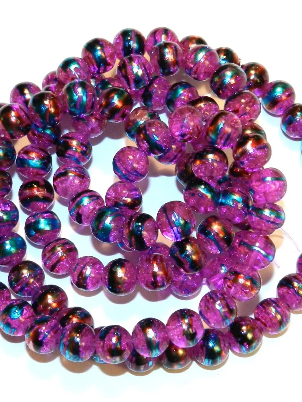 Fuchsia Pink 8mm Round Metallic Drawbench Swirl Crackle Glass Beads 32" G1731 - Picture 1 of 5
